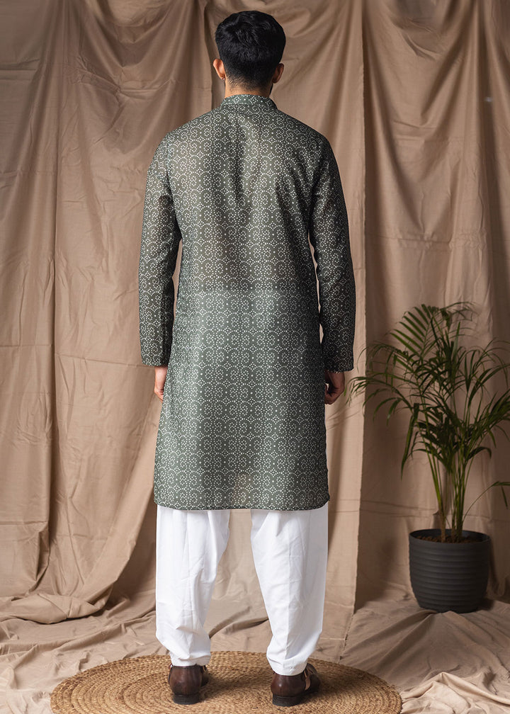 Sage Green Blended Linen Kurta with Micro Dot Print