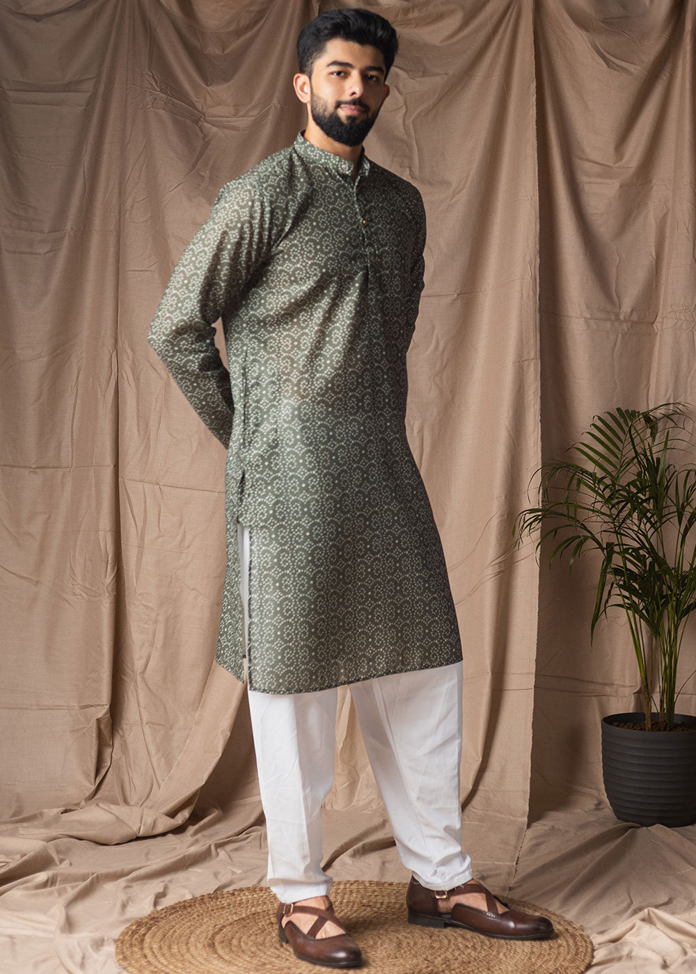 Sage Green Blended Linen Kurta with Micro Dot Print