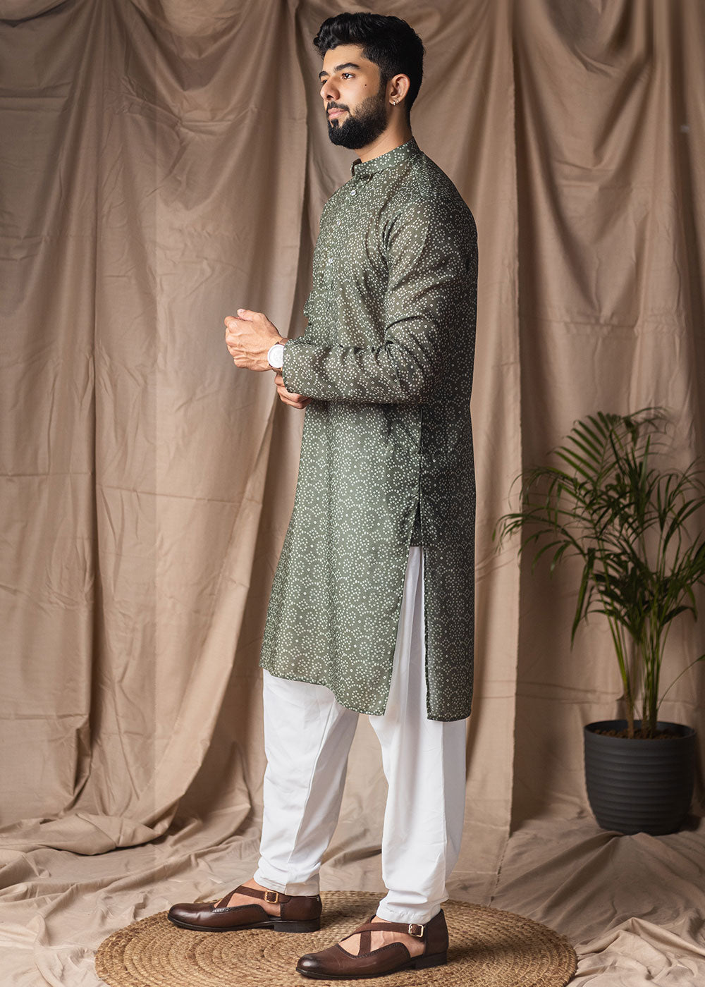 Sage Green Blended Linen Kurta with Micro Dot Print