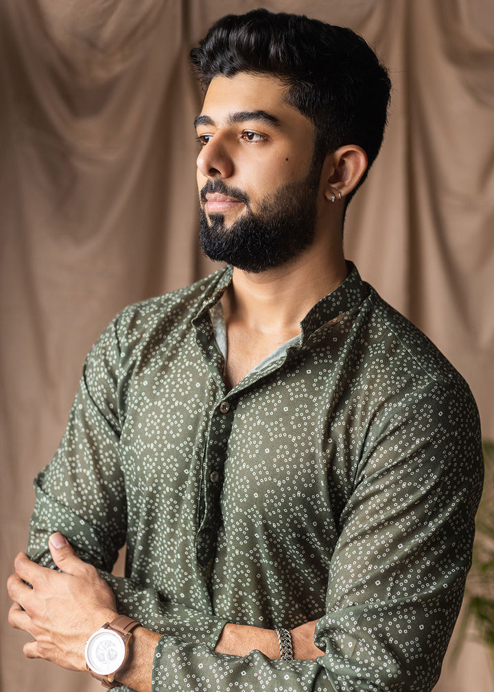 Sage Green Blended Linen Kurta with Micro Dot Print
