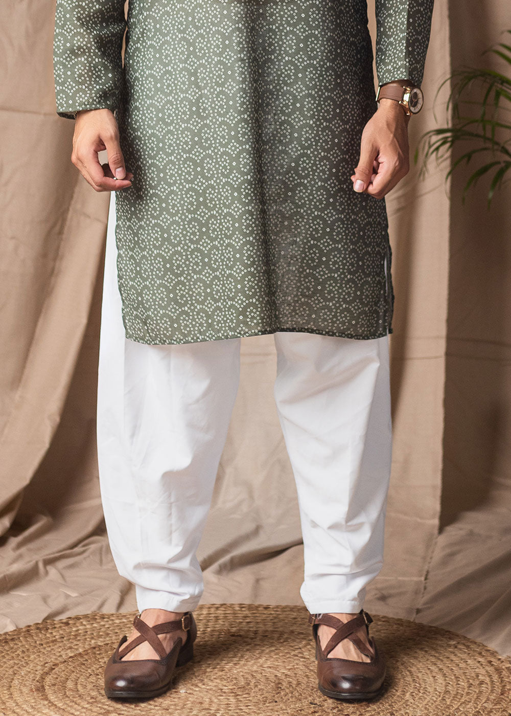 Sage Green Blended Linen Kurta with Micro Dot Print
