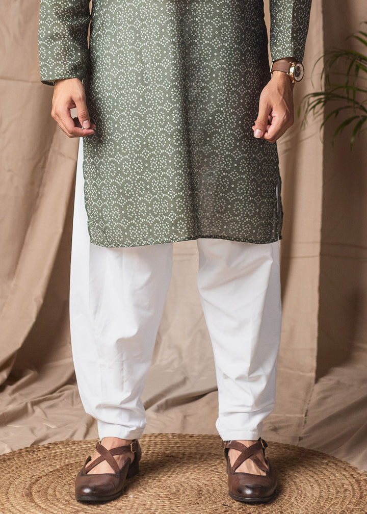 Sage Green Blended Linen Kurta with Micro Dot Print