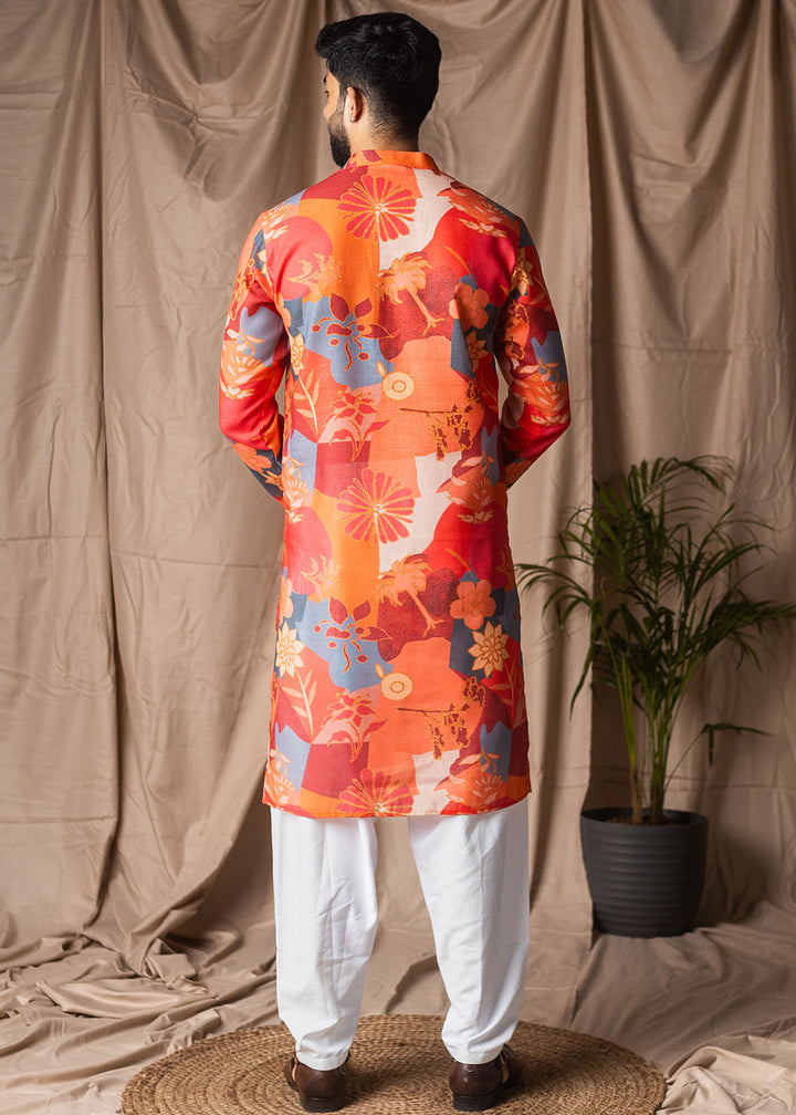 Bright Orange Blended Linen Kurta with Floral Silhouettes