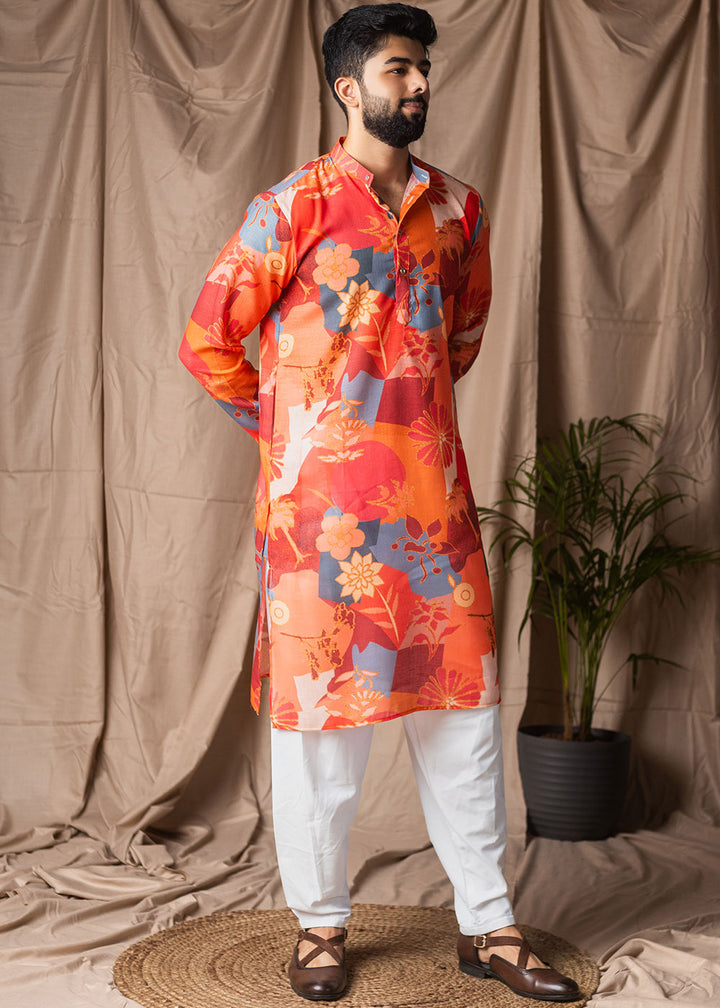 Bright Orange Blended Linen Kurta with Floral Silhouettes