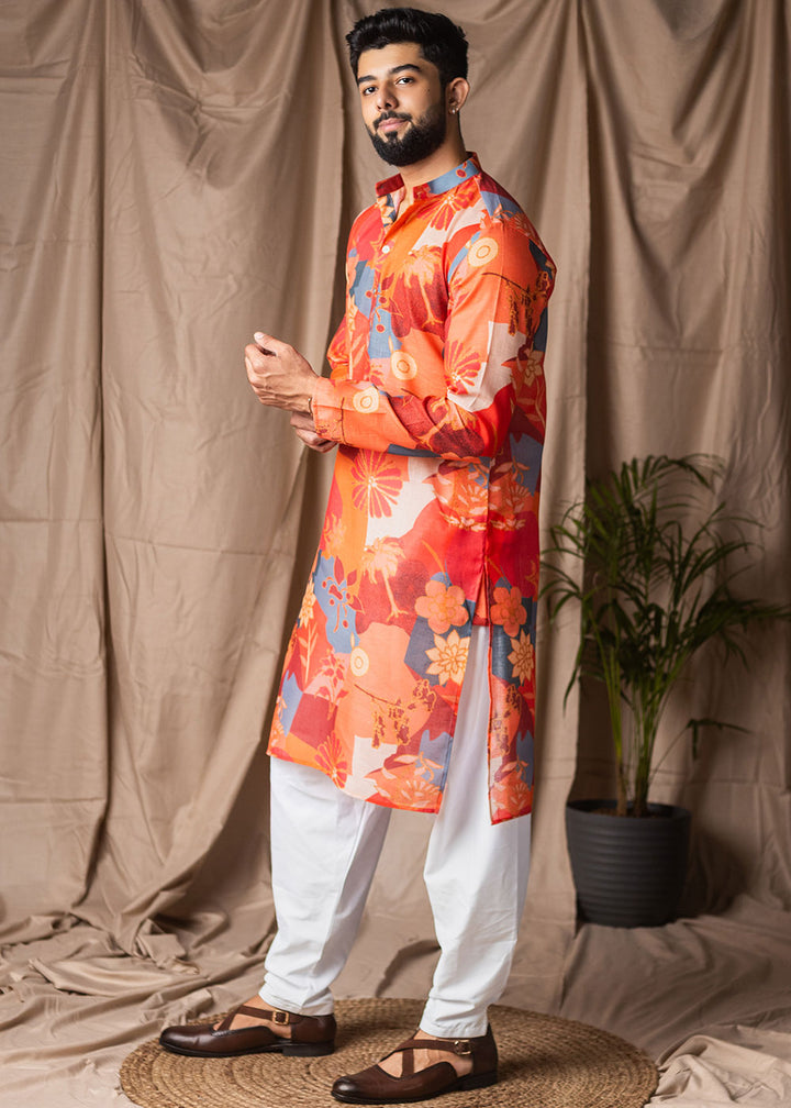 Bright Orange Blended Linen Kurta with Floral Silhouettes