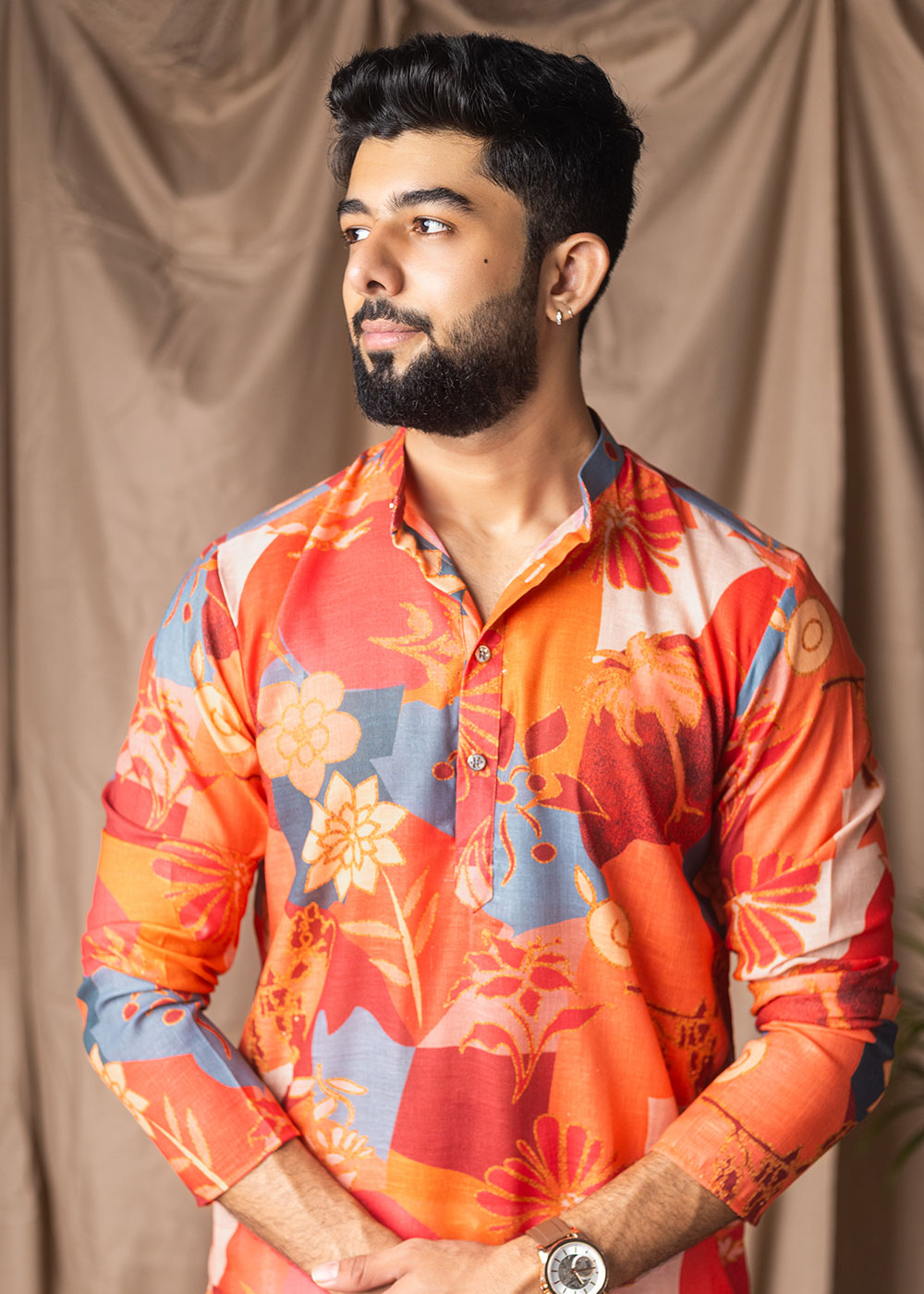 Bright Orange Blended Linen Kurta with Floral Silhouettes