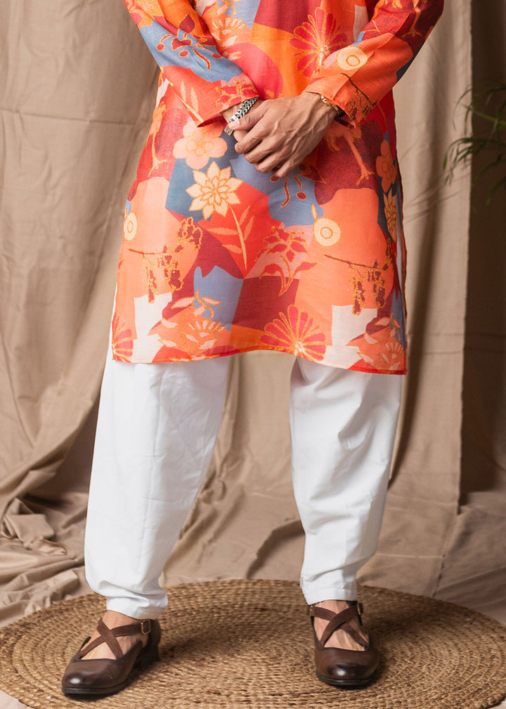 Bright Orange Blended Linen Kurta with Floral Silhouettes