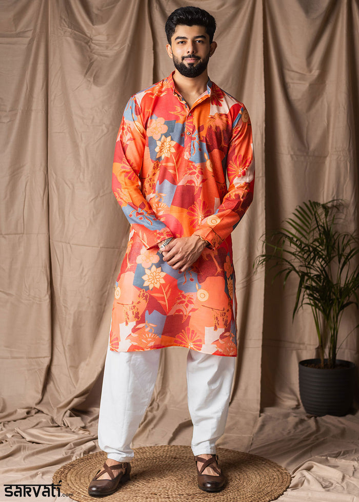 Bright Orange Blended Linen Kurta with Floral Silhouettes