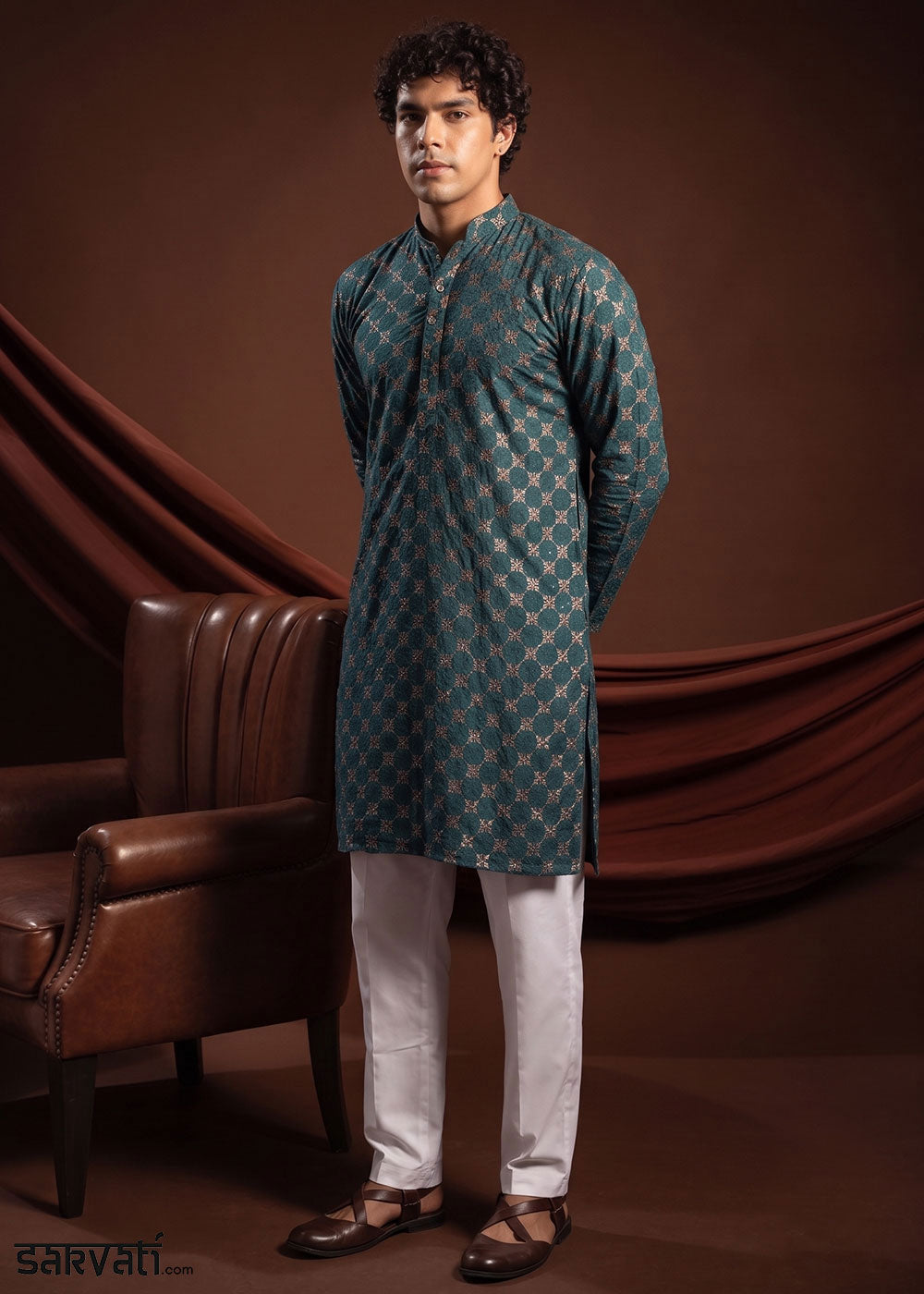 Dark Cyan Green Rayon Kurta with Mosaic Floral Motifs