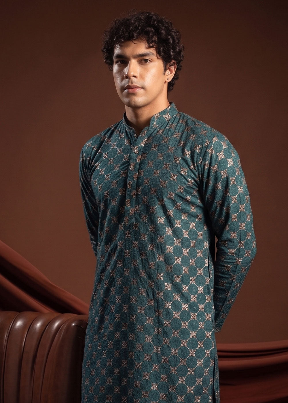 Dark Cyan Green Rayon Kurta with Mosaic Floral Motifs