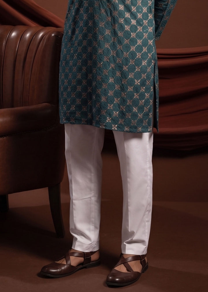 Dark Cyan Green Rayon Kurta with Mosaic Floral Motifs