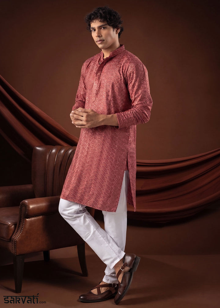 Grapefruit Pink Rayon Kurta with Chikankari Threadwork