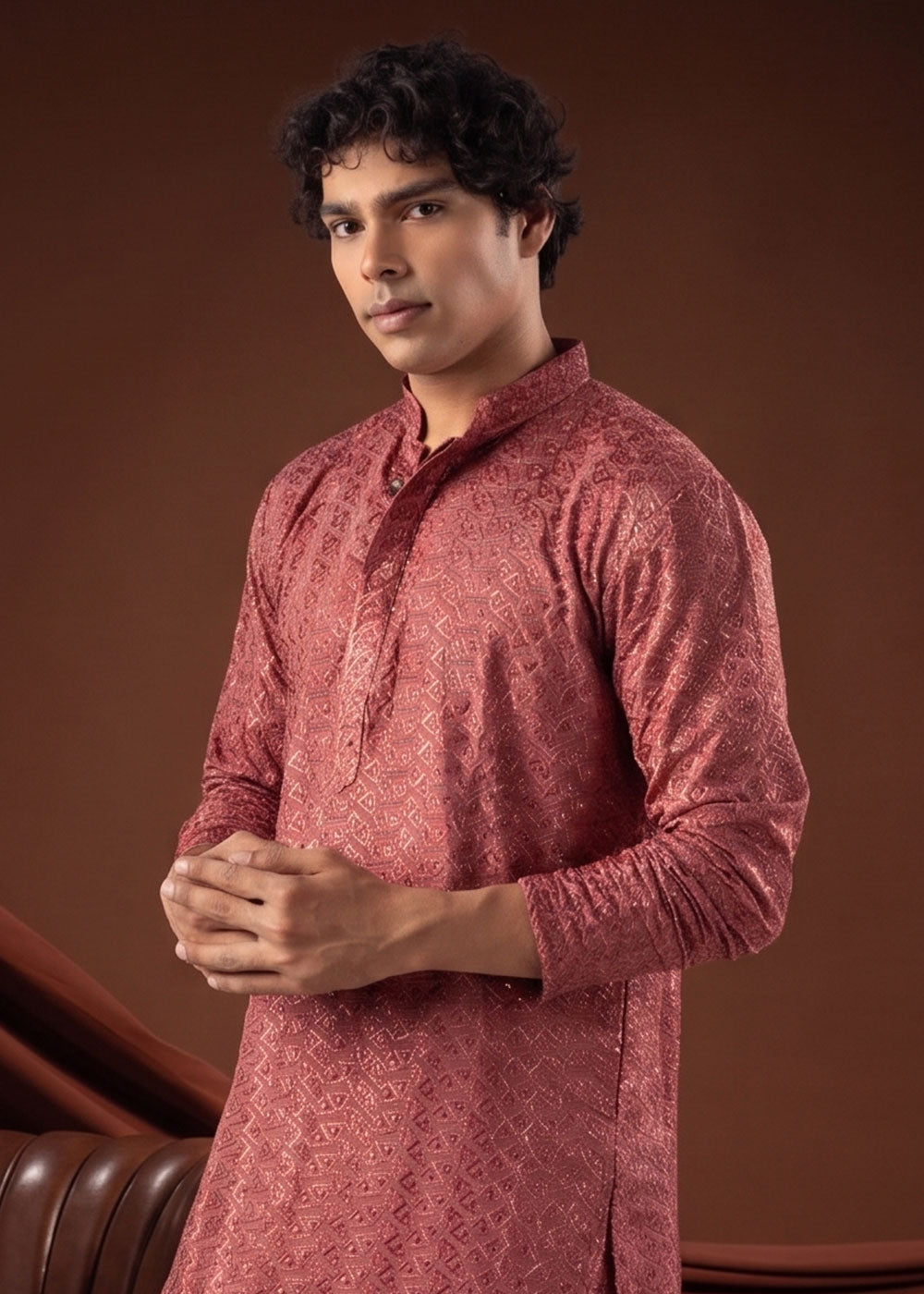 Grapefruit Pink Rayon Kurta with Chikankari Threadwork