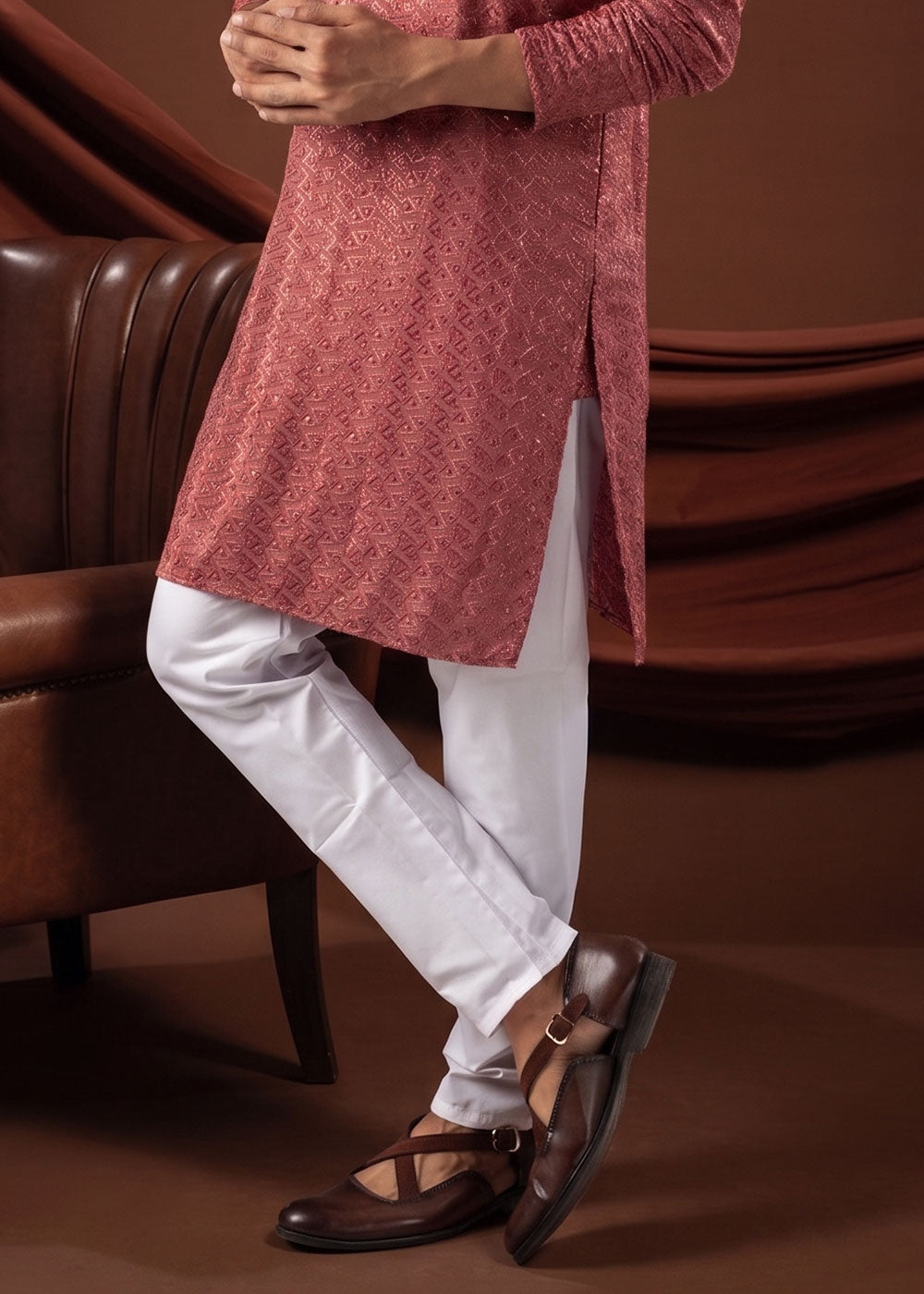 Grapefruit Pink Rayon Kurta with Chikankari Threadwork