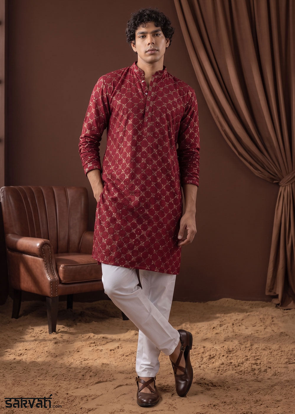 Blood Red Rayon Kurta with Mosaic Floral Motifs