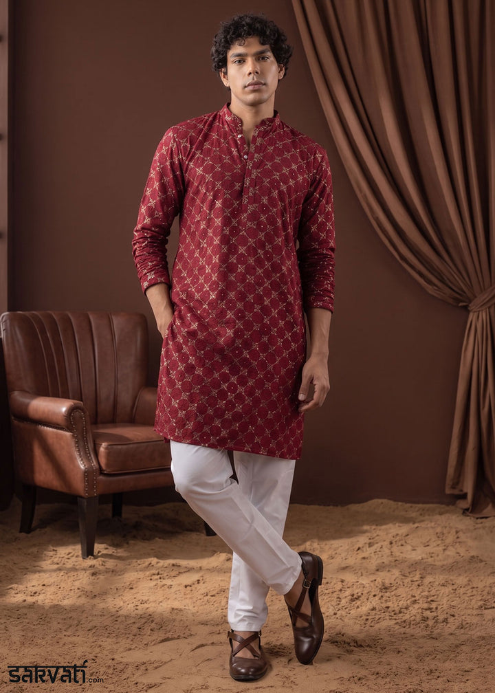 Blood Red Rayon Kurta with Mosaic Floral Motifs