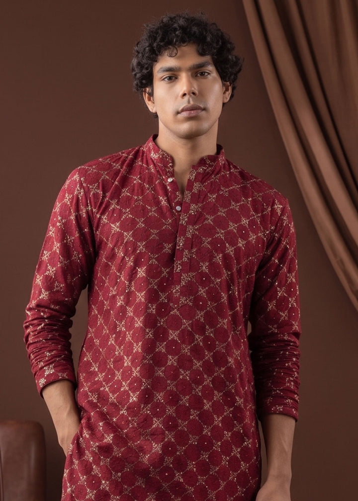 Blood Red Rayon Kurta with Mosaic Floral Motifs