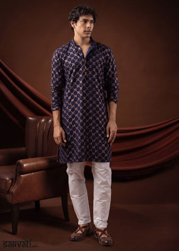 Navy Blue Rayon Kurta with Mosaic Floral Motifs