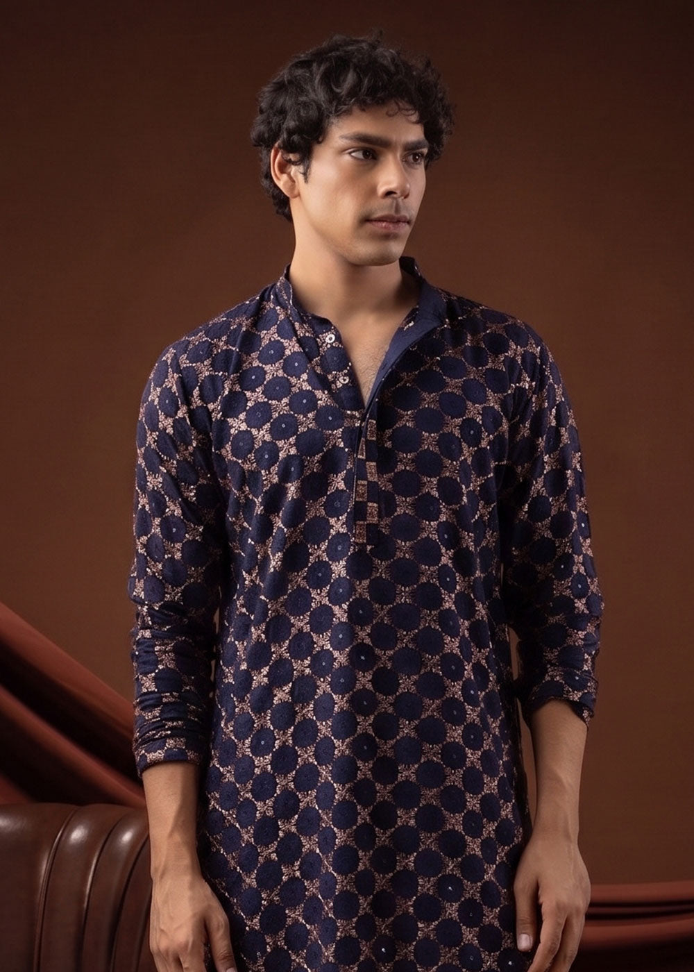 Navy Blue Rayon Kurta with Mosaic Floral Motifs