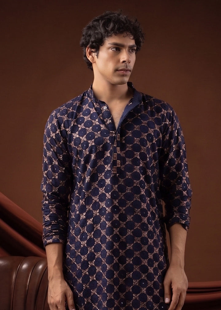 Navy Blue Rayon Kurta with Mosaic Floral Motifs