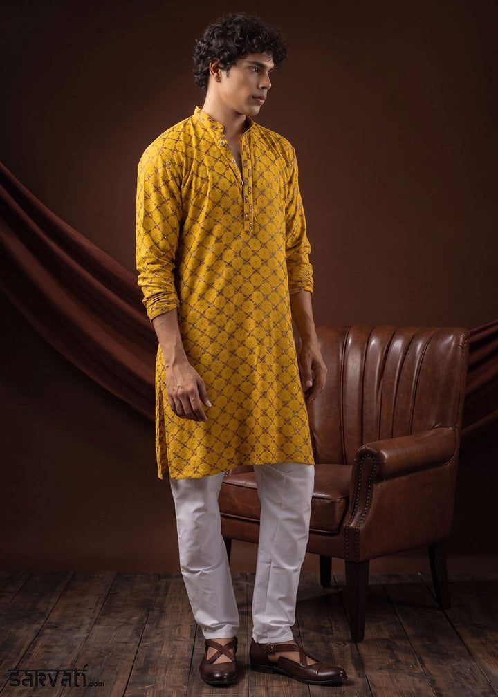 Golden Yellow Rayon Kurta with Mosaic Floral Motifs