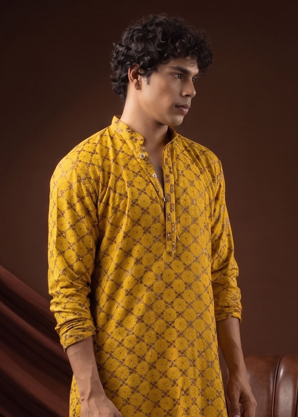 Golden Yellow Rayon Kurta with Mosaic Floral Motifs