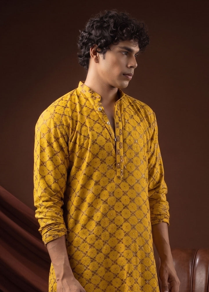 Golden Yellow Rayon Kurta with Mosaic Floral Motifs