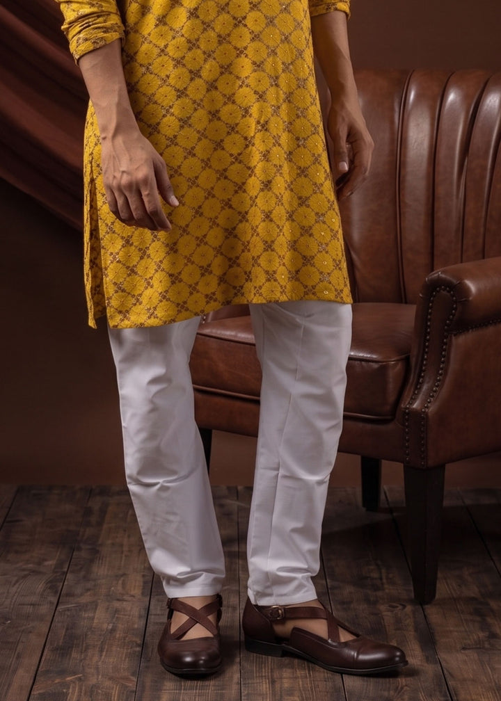 Golden Yellow Rayon Kurta with Mosaic Floral Motifs