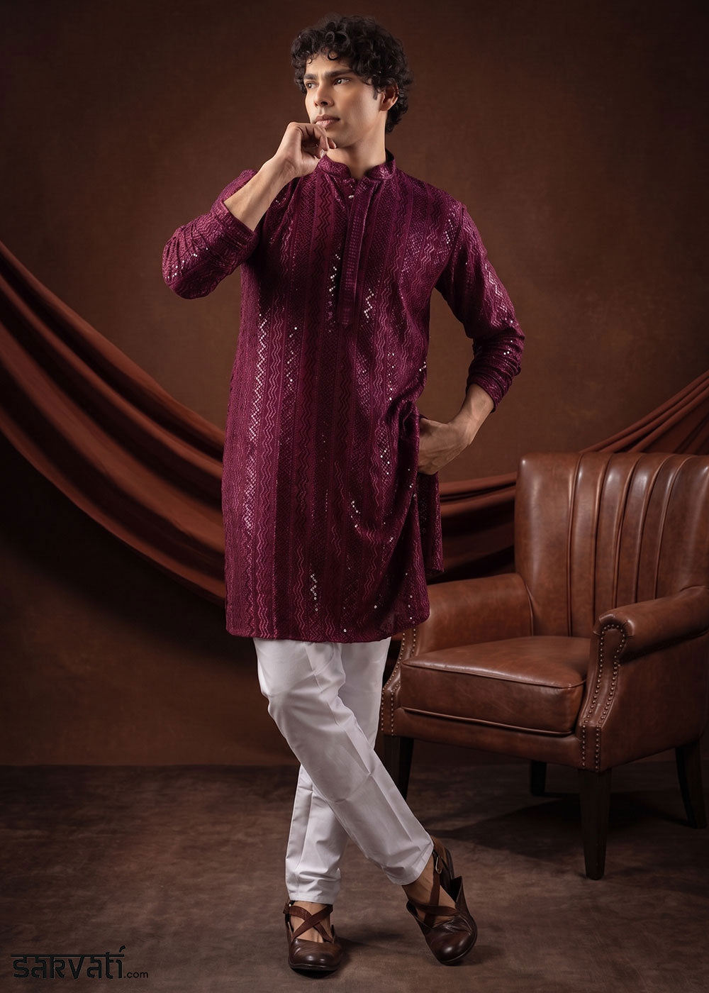 Mulberry Purple Rayon Kurta with Shimmering Sequin Work