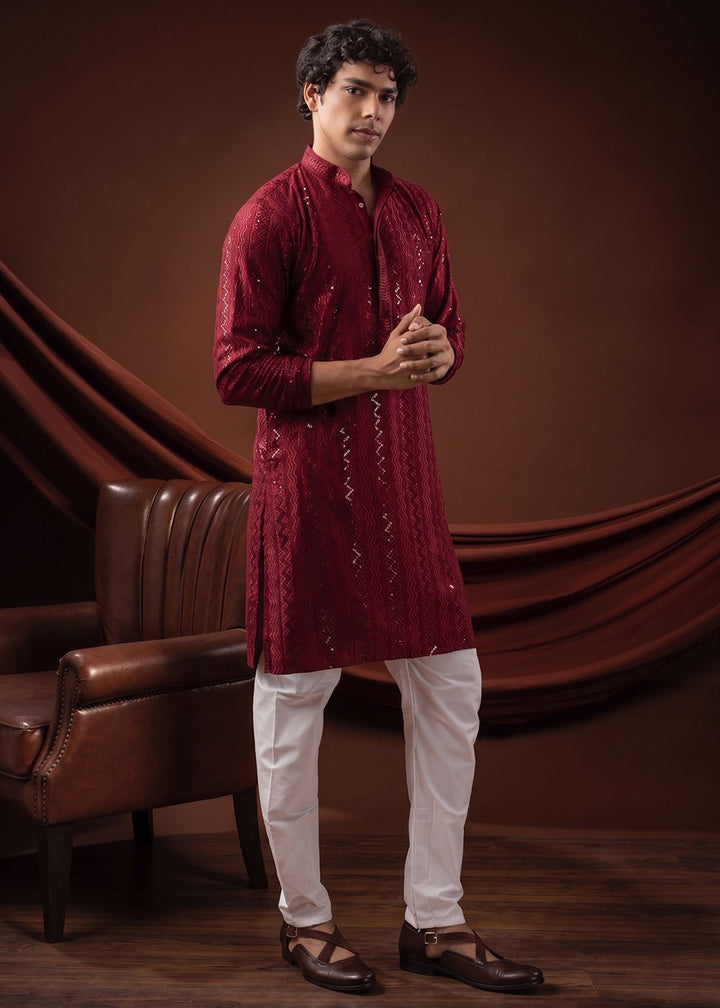 Maroon Red Rayon Kurta with Shimmering Sequin Work