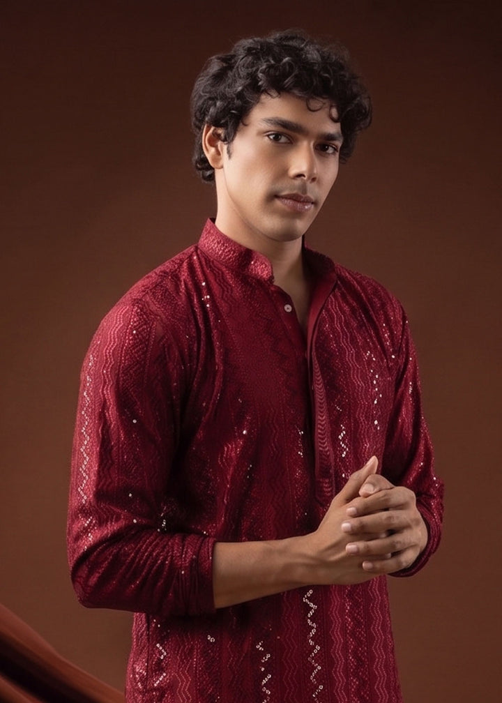 Maroon Red Rayon Kurta with Shimmering Sequin Work