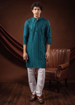 Teal Blue Rayon Kurta with Shimmering Sequin Work