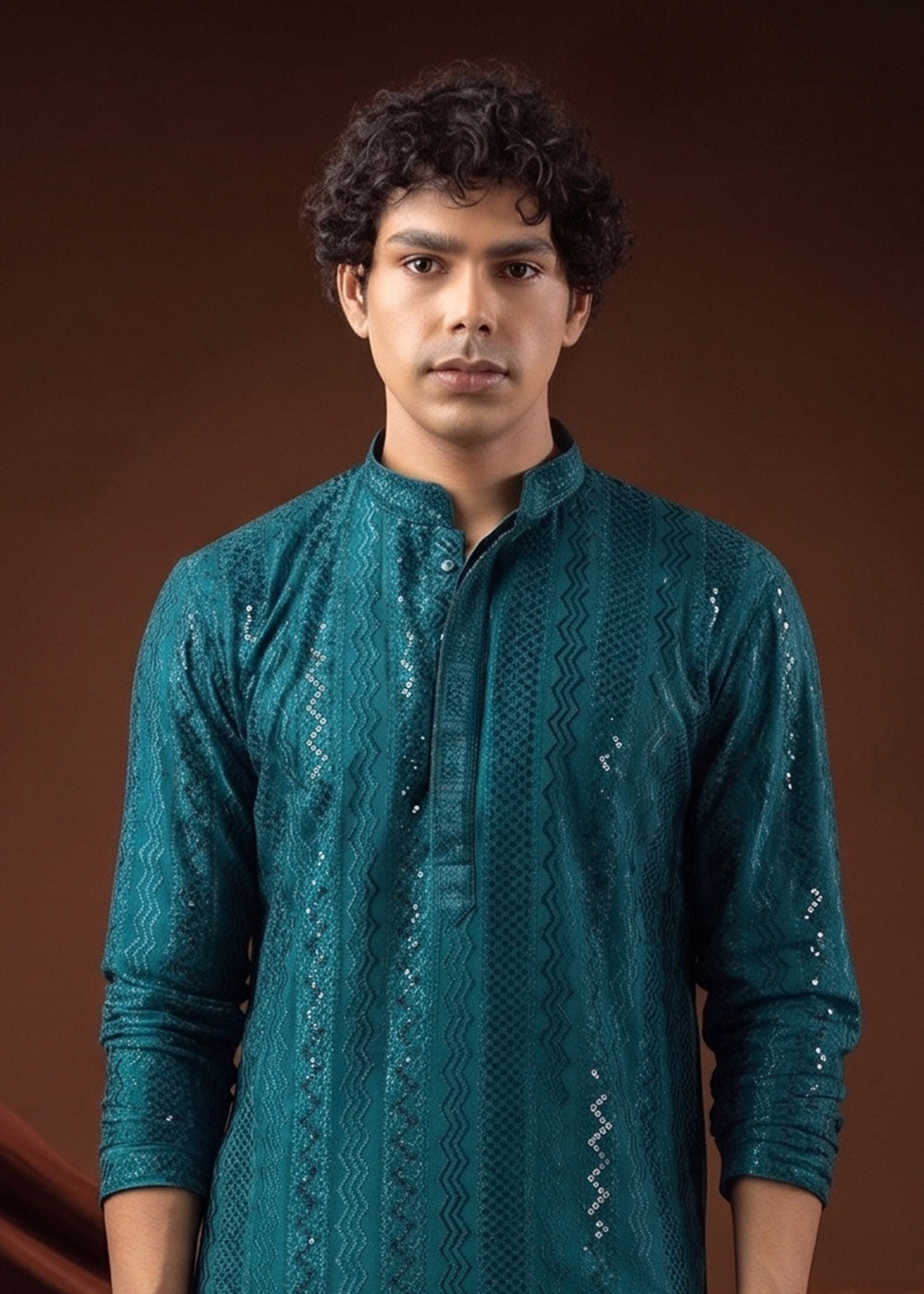 Teal Blue Rayon Kurta with Shimmering Sequin Work