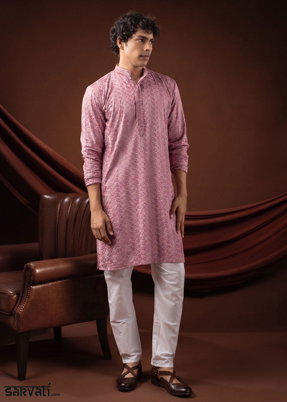 Baby Pink Rayon Kurta with All-Over Thread Embroidery