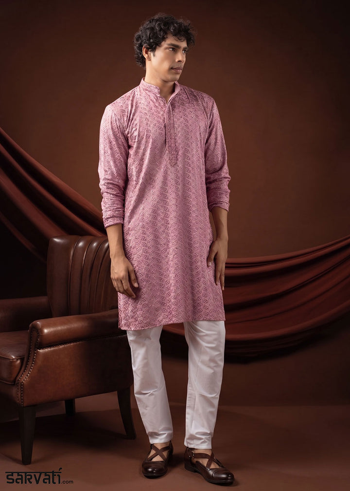 Baby Pink Rayon Kurta with All-Over Thread Embroidery