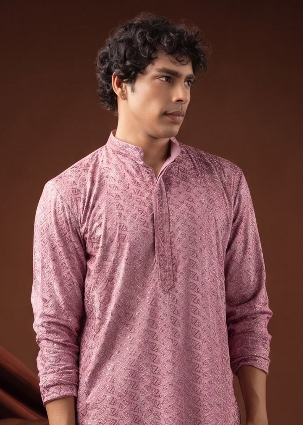 Baby Pink Rayon Kurta with All-Over Thread Embroidery