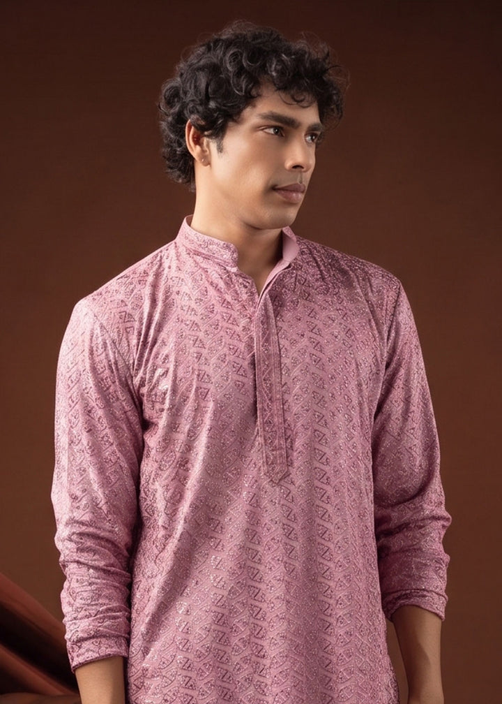 Baby Pink Rayon Kurta with All-Over Thread Embroidery