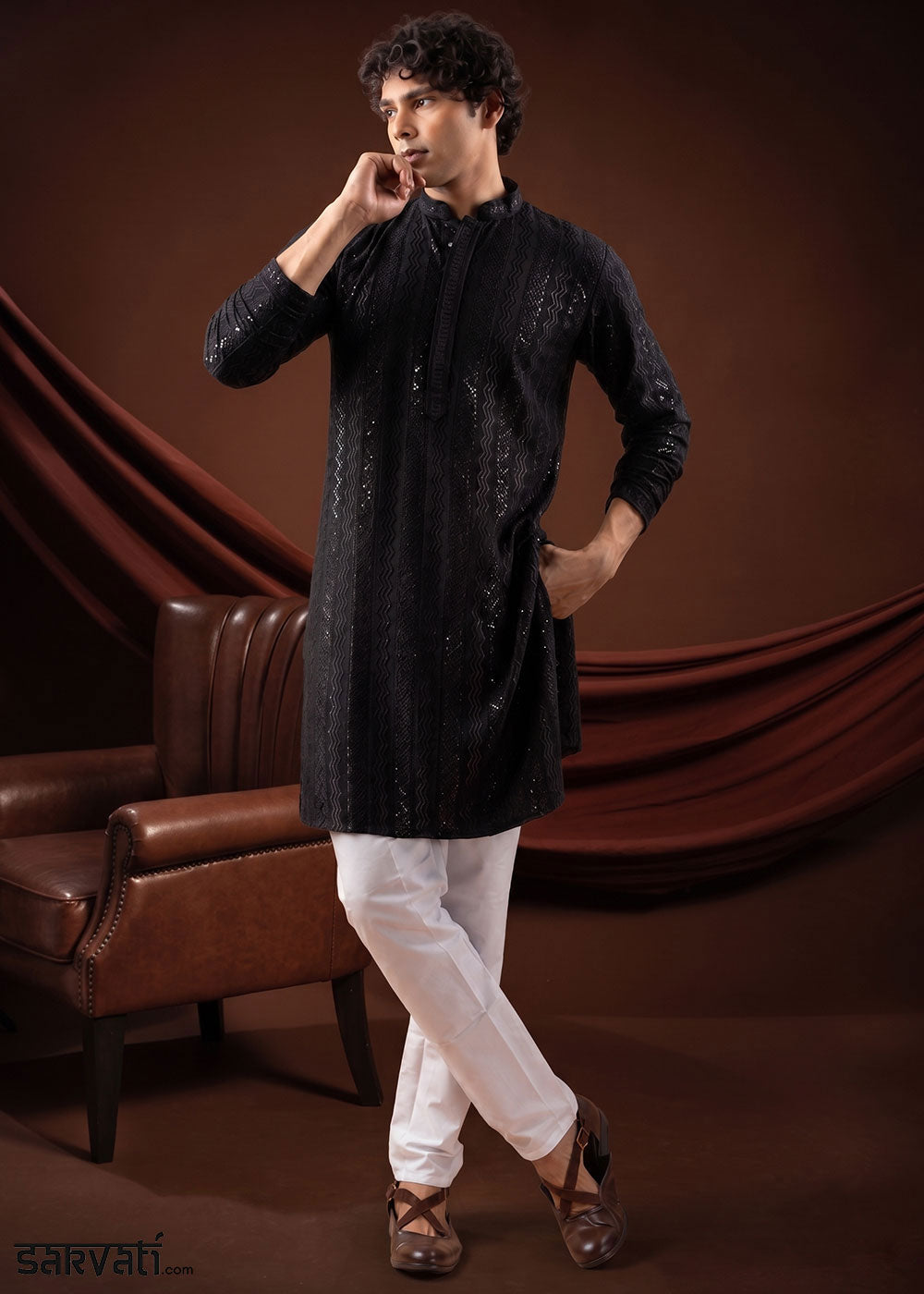 Rich Black Rayon Kurta with Shimmering Sequin Work