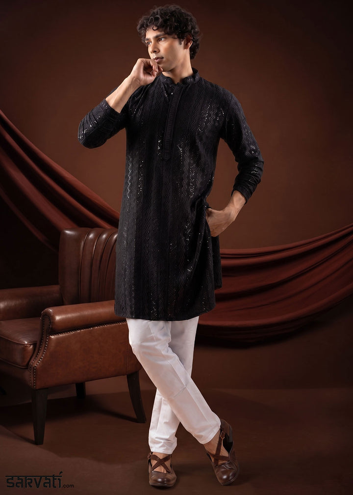 Rich Black Rayon Kurta with Shimmering Sequin Work
