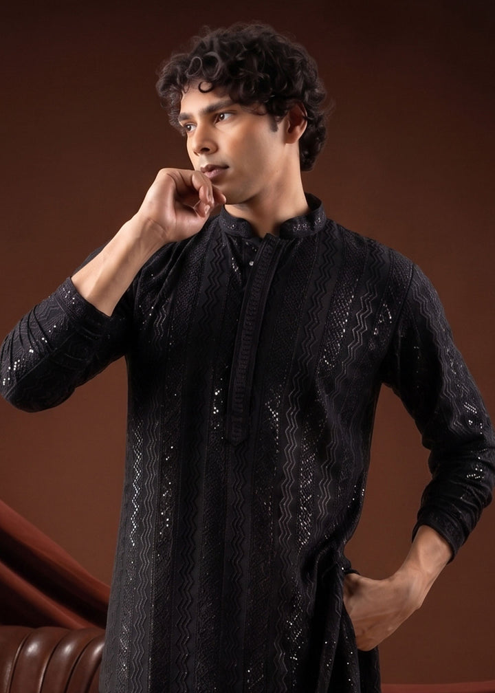 Rich Black Rayon Kurta with Shimmering Sequin Work