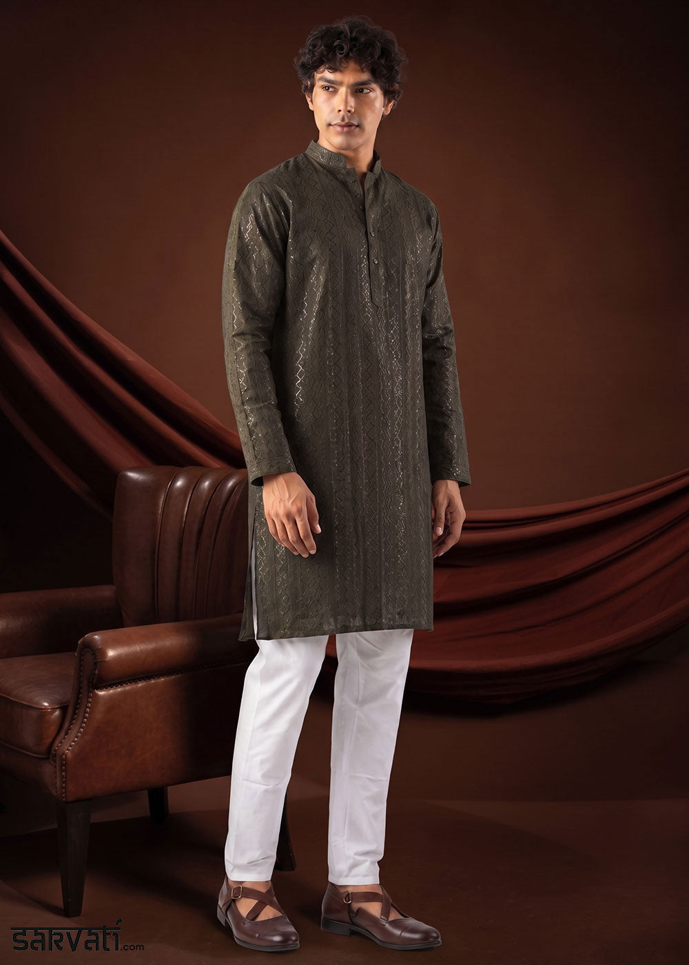 Stone Grey Rayon Kurta with Shimmering Sequin Work