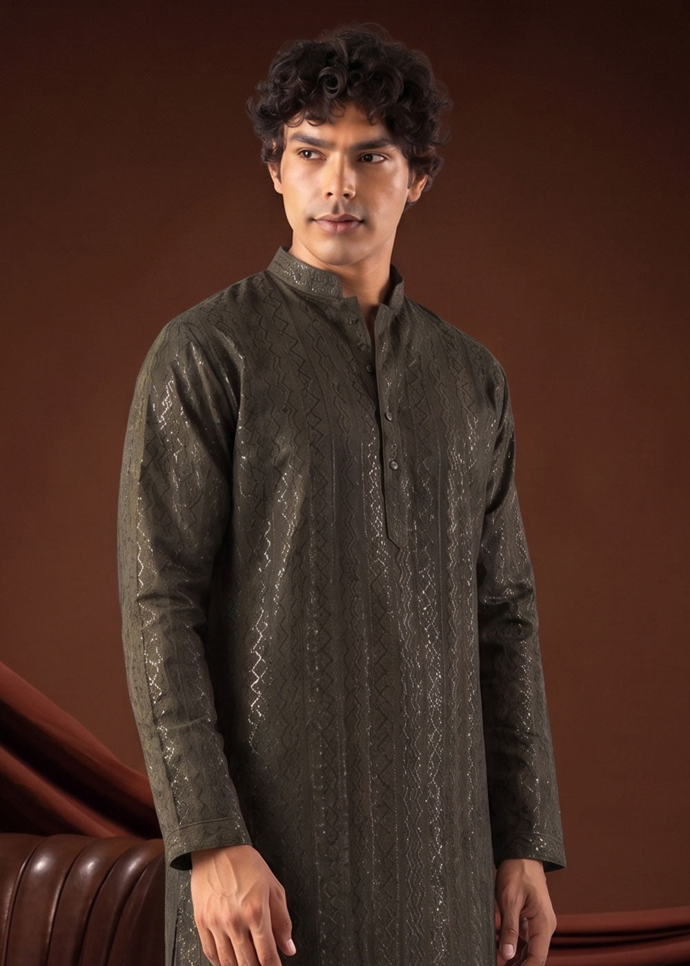 Stone Grey Rayon Kurta with Shimmering Sequin Work