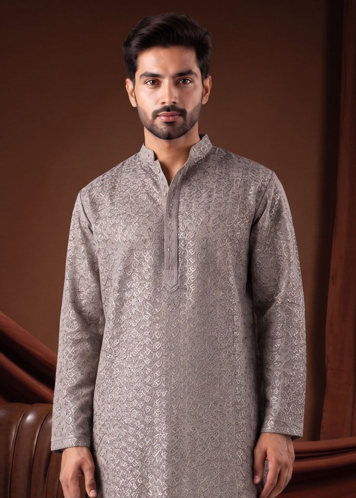 Black Shadow Grey Rayon Kurta with All-Over Thread Embroidery