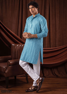 Sky Blue Rayon Kurta with All-Over Thread Embroidery