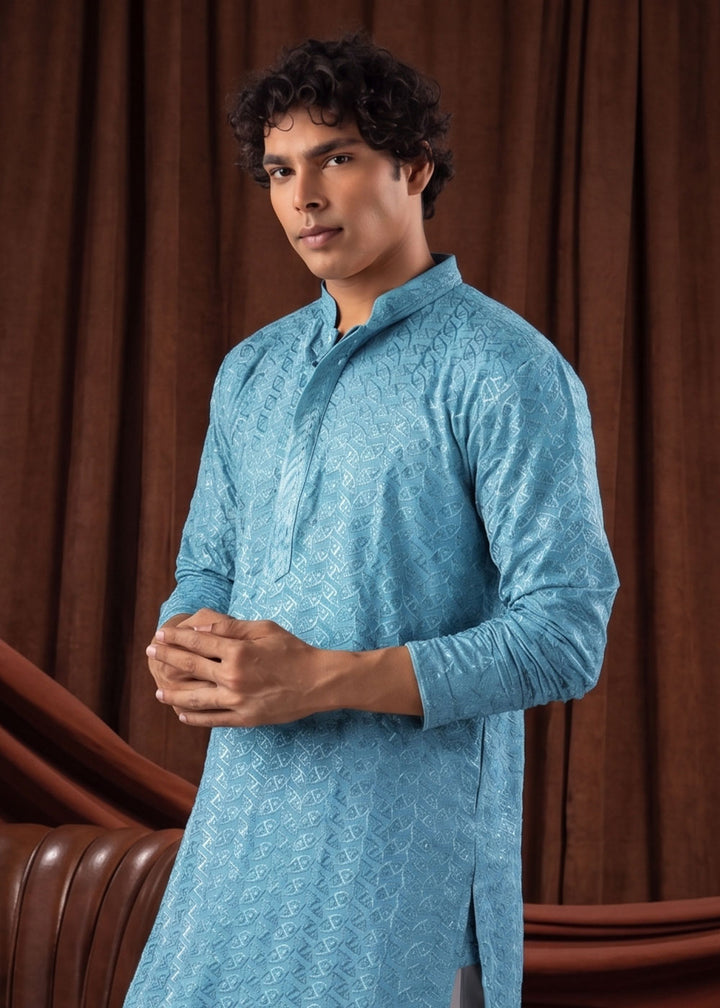 Sky Blue Rayon Kurta with All-Over Thread Embroidery