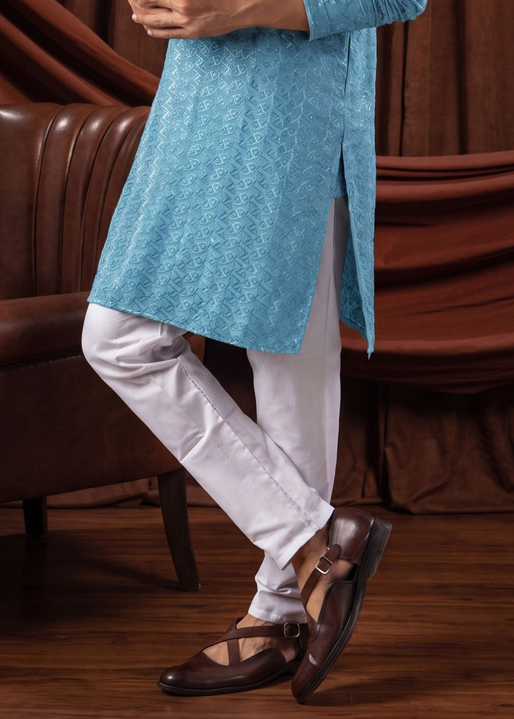 Sky Blue Rayon Kurta with All-Over Thread Embroidery