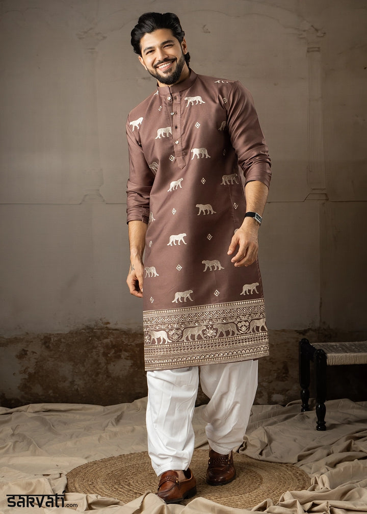 Pecan Brown Rayon Printed Kurta Pajama Set with Fine Embroidery