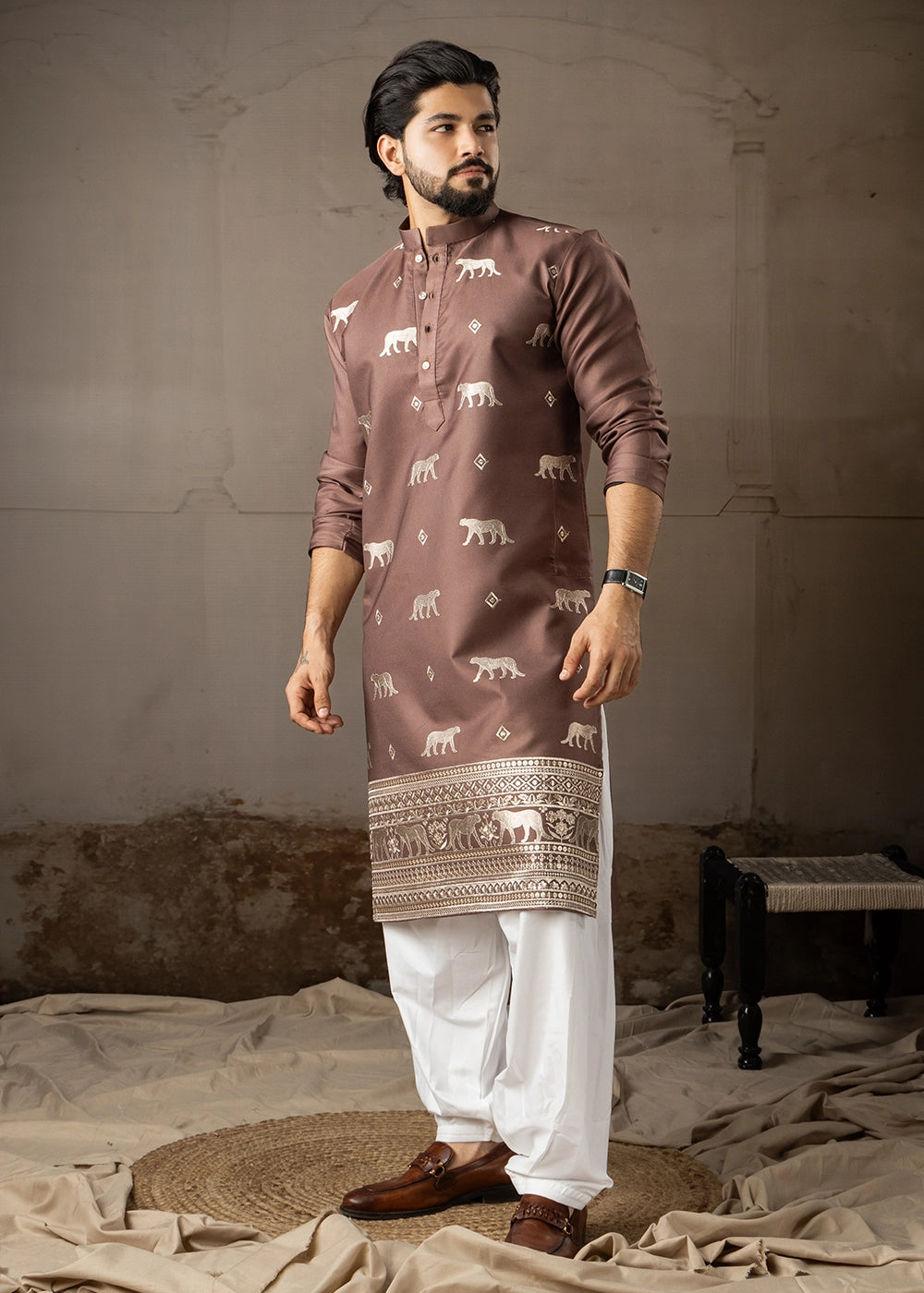Pecan Brown Rayon Printed Kurta Pajama Set with Fine Embroidery