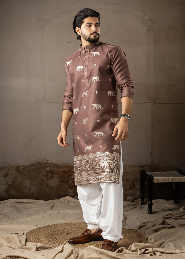 Pecan Brown Rayon Printed Kurta Pajama Set with Fine Embroidery