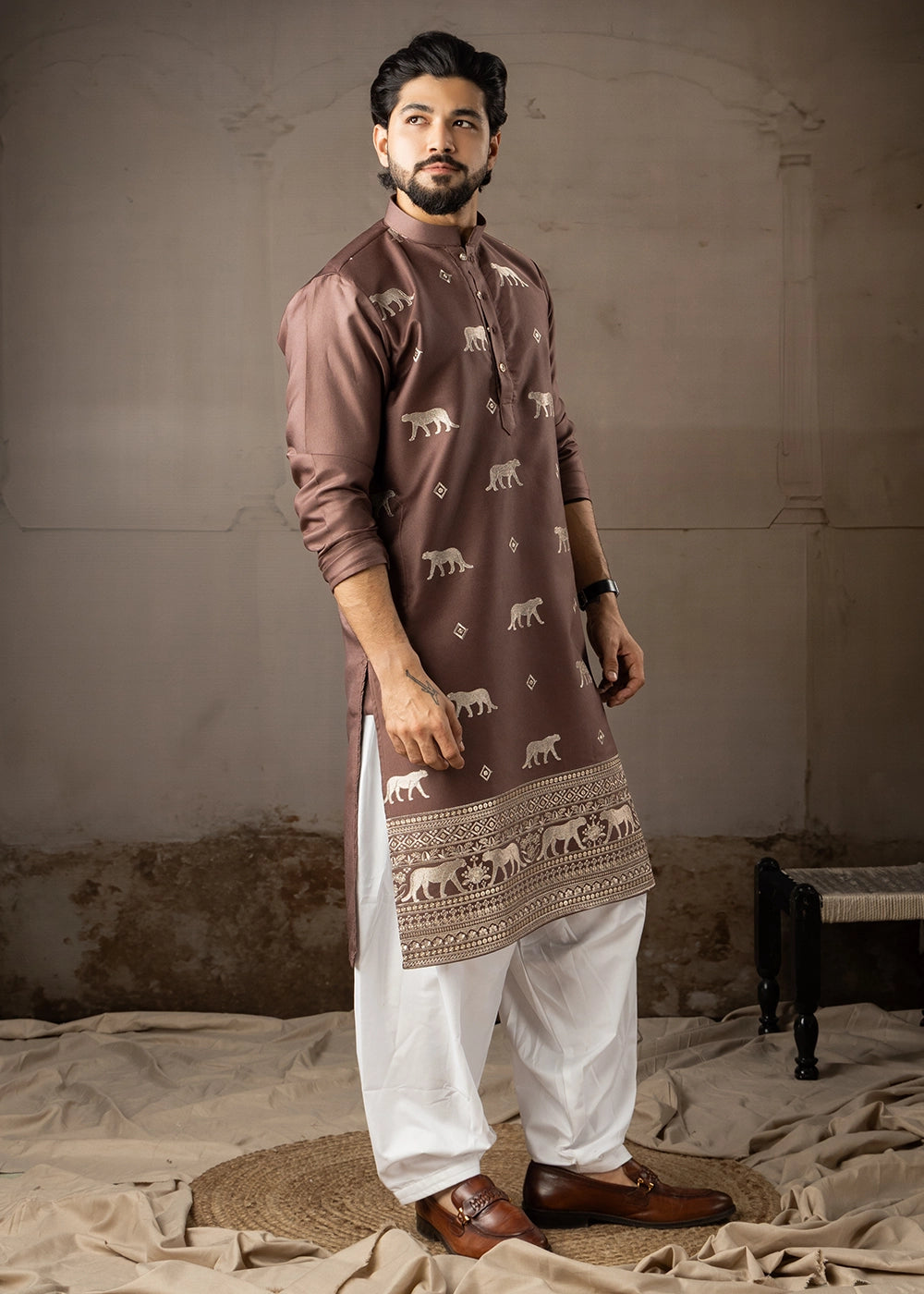Pecan Brown Rayon Printed Kurta Pajama Set with Fine Embroidery